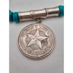 1915 Patria y Libertad Silver Peso Pendant on Chunky Turquoise Bead Necklace